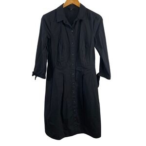 Talbots Womens 100% Cotton Midi Shirt Dress sz 10P Black Bow Tie Sleeves Classic